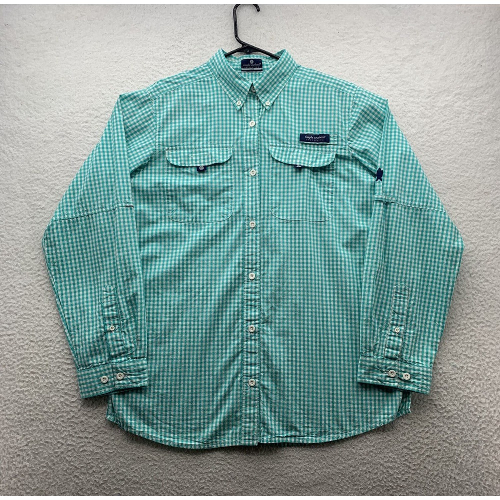 Simply Southern Button Up Shirt Womens Large Sea Green White Check Gingham Prep